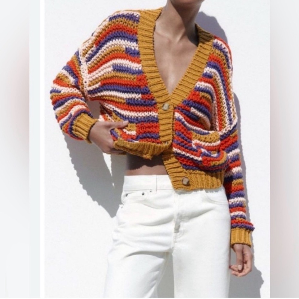 Zara Chunky Knit Colorful Striped Sweater Cardigan Button Front Size Large